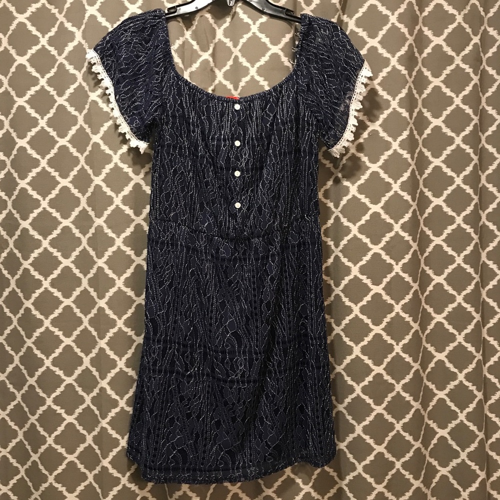 Navy blue and white off the shoulder dress